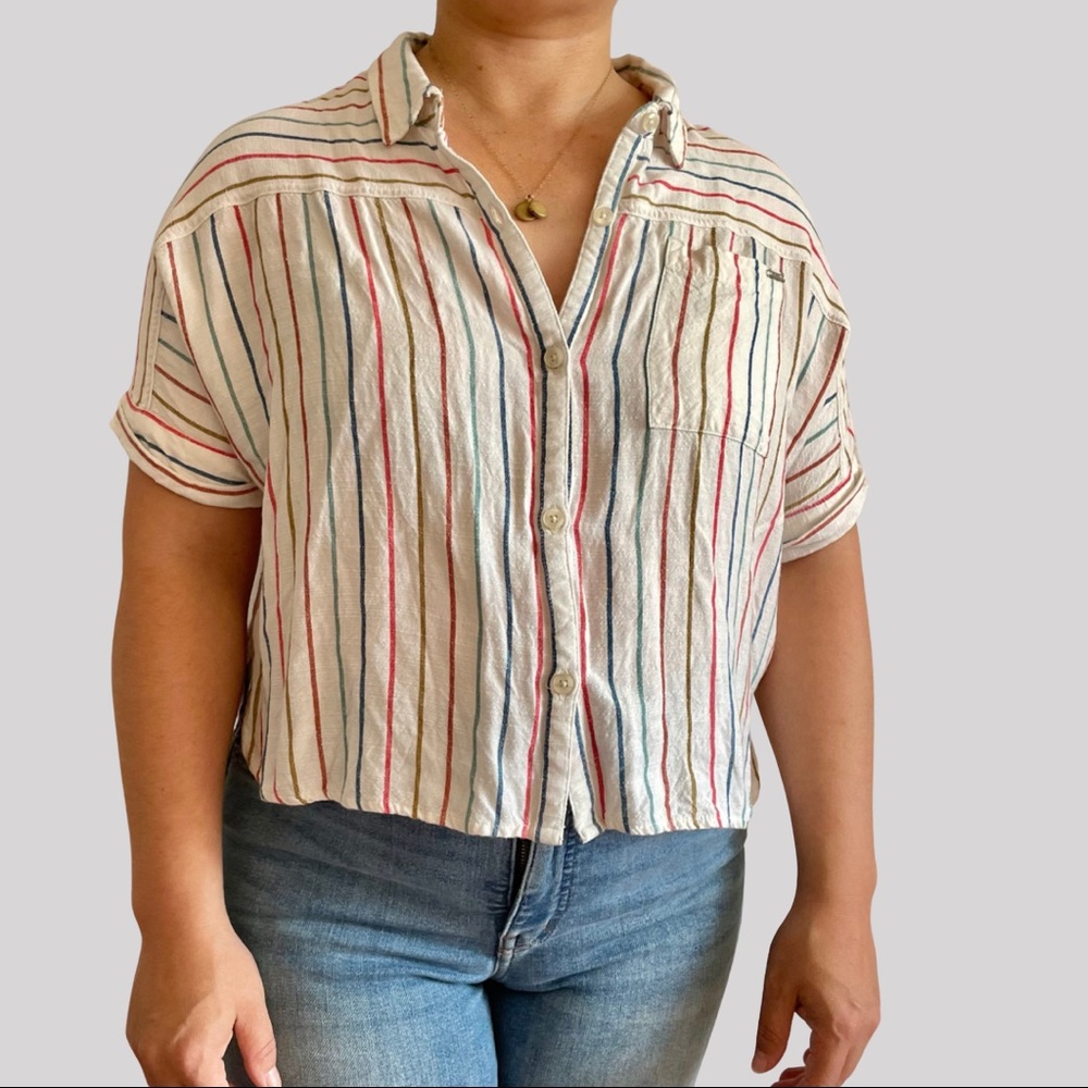 VOLCOM Multi Stripe Girls Button Down Top | L / 14